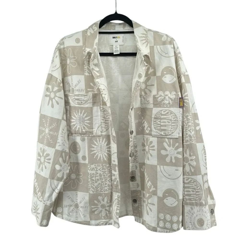 Smiley x H&M Unisex Oversized Tan Beige Graphic Denim Jacket Size Small